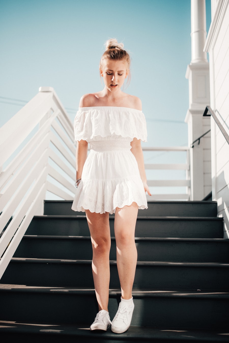White off-shoulder eyelet mini dress