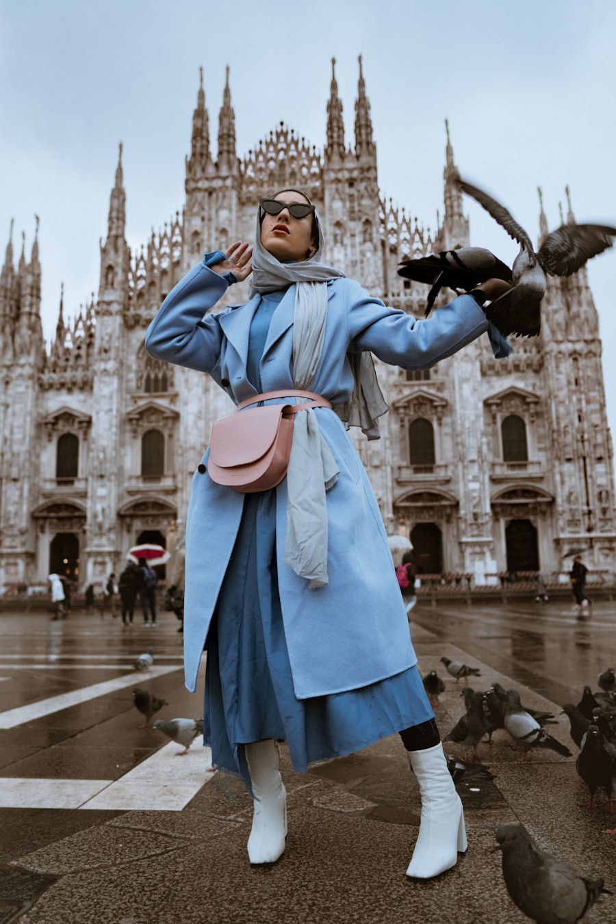 Powder blue belted trench coat