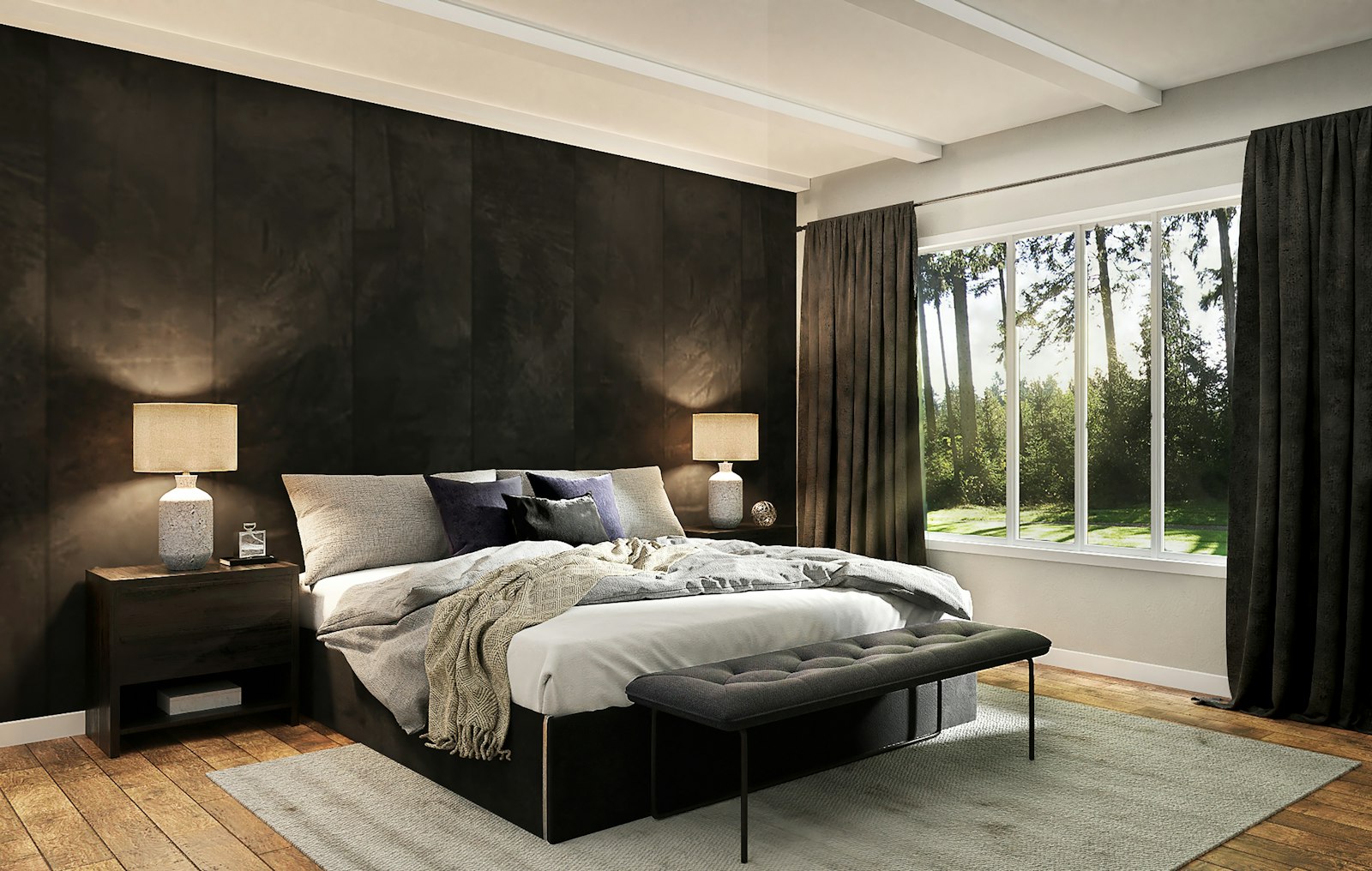A calm, modern living room furnished in warm neutral tones